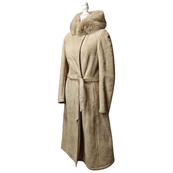 Leder Fischer Shearling Coat Womens Small Tan Suede Hooded Fur Trim Belted Long - Picture 2 of 16